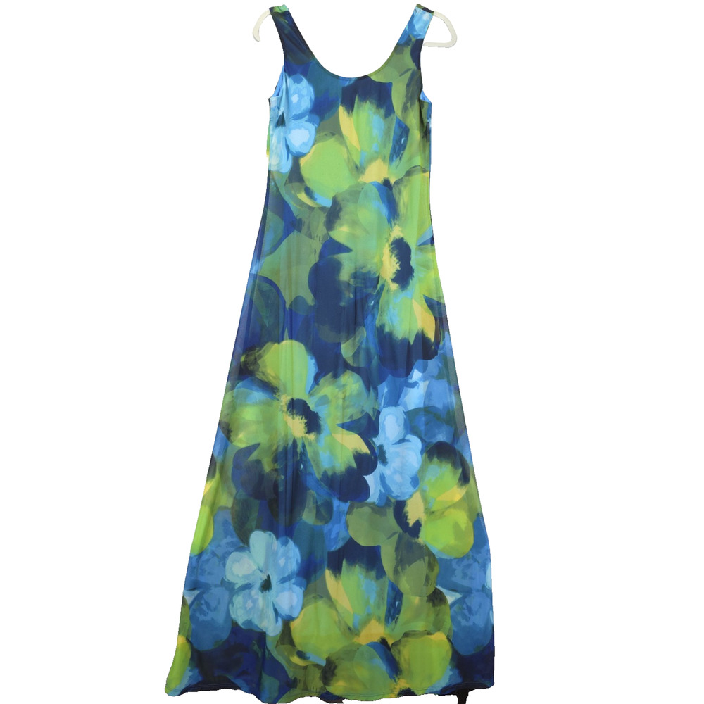 Glamour‎ Maxi Tank Dress Floral Peacock Colors Sheer Lined Women 6 Beachy Resort